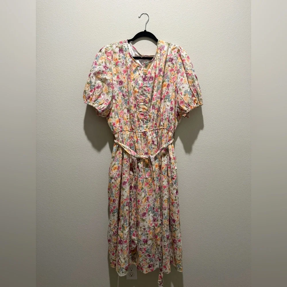 Hayden Los Angeles floral print belted tier poplin midi dress easter - Picture 2 of 11
